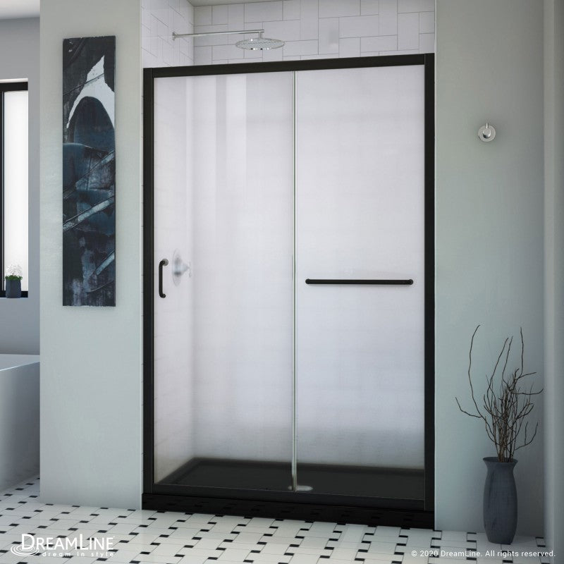 Infinity-Z Semi-Frameless Single Sliding Shower Door Kit with Black Shower Base Pan and Center Drain