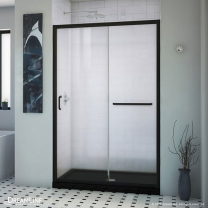 Infinity-Z Semi-Frameless Single Sliding Shower Door Kit with Black Shower Base Pan and Center Drain
