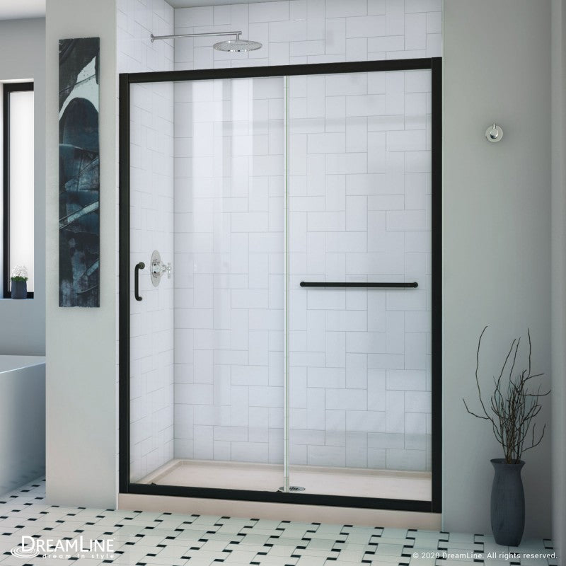 Infinity-Z Semi-Frameless Single Sliding Shower Door Kit with Biscuit Shower Base Pan and Center Drain