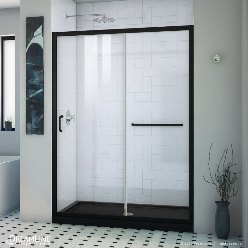 Infinity-Z Semi-Frameless Single Sliding Shower Door Kit with Black Shower Base Pan and Center Drain