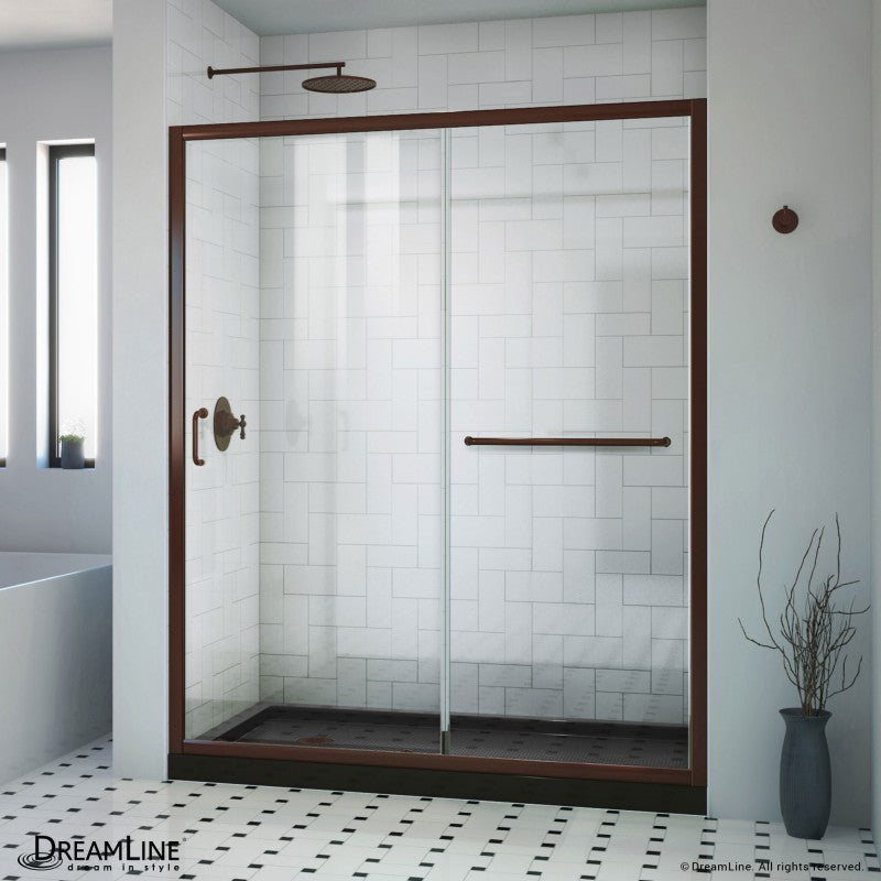 Infinity-Z Semi-Frameless Single Sliding Shower Door Kit with Black Shower Base Pan and Left Drain