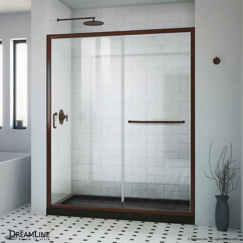 Infinity-Z Semi-Frameless Single Sliding Shower Door Kit with Black Shower Base Pan and Right Drain