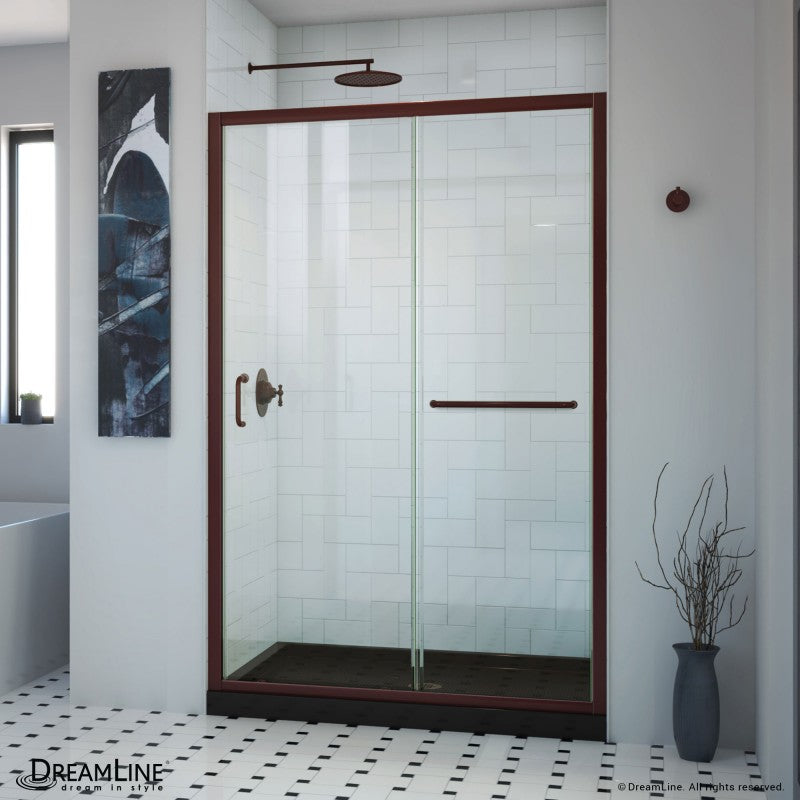 Infinity-Z Semi-Frameless Single Sliding Shower Door Kit with Black Shower Base Pan and Center Drain