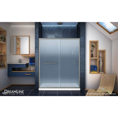 Infinity-Z Semi-Frameless Single Sliding Shower Door Kit with White Shower Base Pan and Left Drain