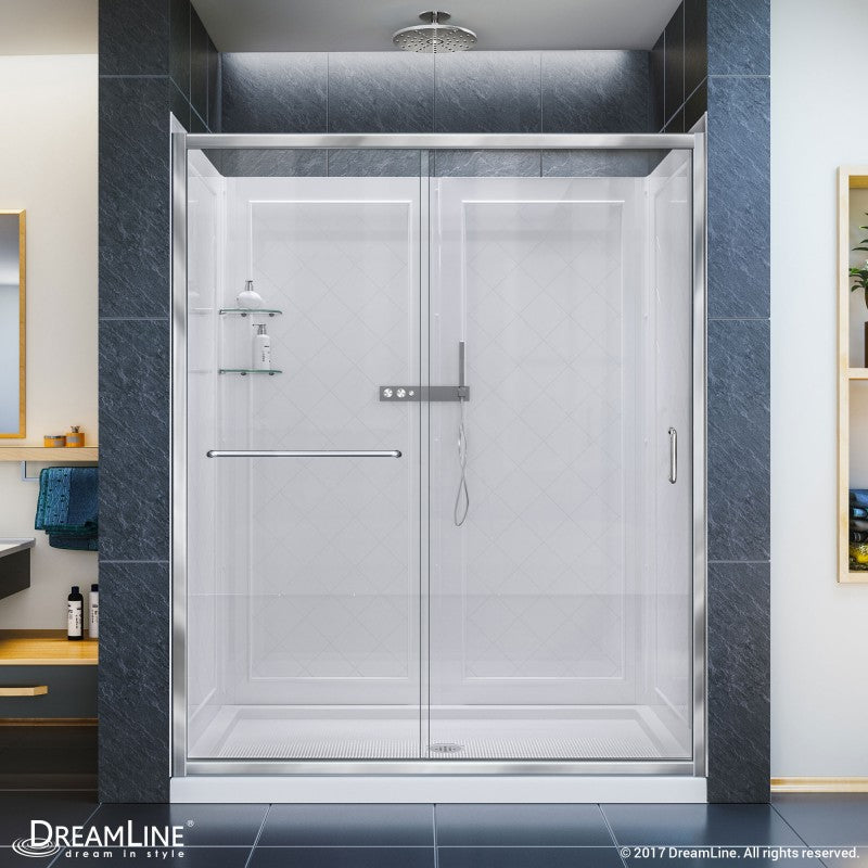 Infinity-Z Semi-Frameless Single Sliding Shower Door Kit with Diamond Style Wall and White Shower Base Pan and Center Drain