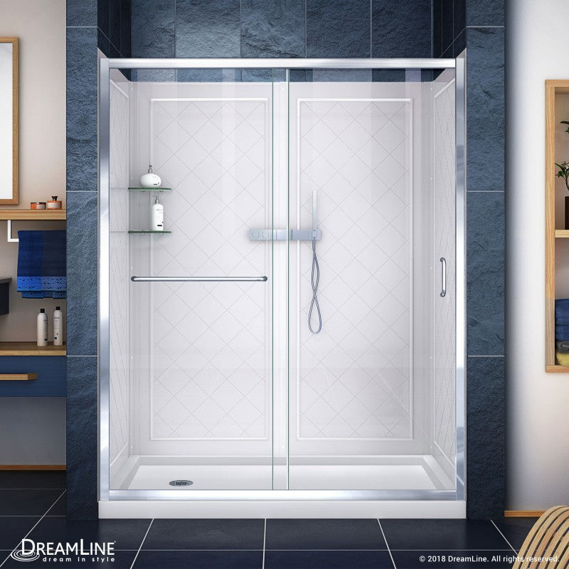 Infinity-Z Semi-Frameless Single Sliding Shower Door Kit with Diamond Style Wall and White Shower Base Pan and Left Drain