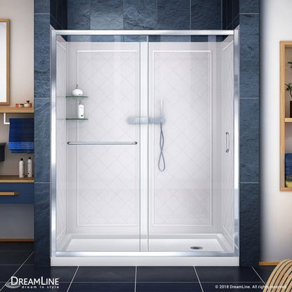 Infinity-Z Semi-Frameless Single Sliding Shower Door Kit with Diamond Style Wall and White Shower Base Pan and Right Drain