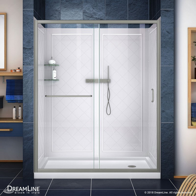 Infinity-Z Semi-Frameless Single Sliding Shower Door Kit with Diamond Style Wall and White Shower Base Pan and Right Drain
