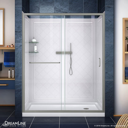 Infinity-Z Semi-Frameless Single Sliding Shower Door Kit with Diamond Style Wall and White Shower Base Pan and Right Drain