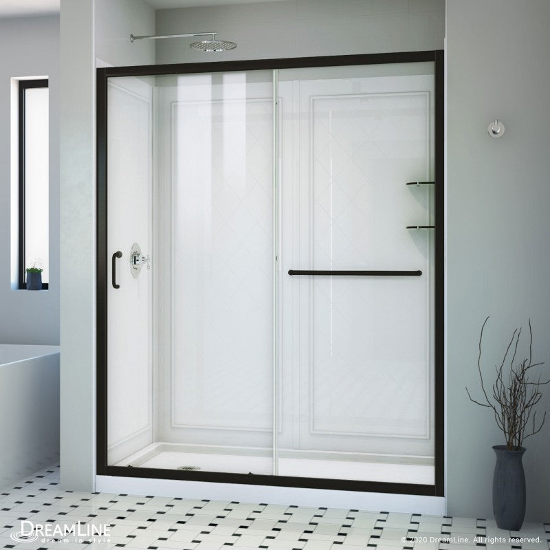 Infinity-Z Semi-Frameless Single Sliding Shower Door Kit with Diamond Style Wall and White Shower Base Pan and Left Drain