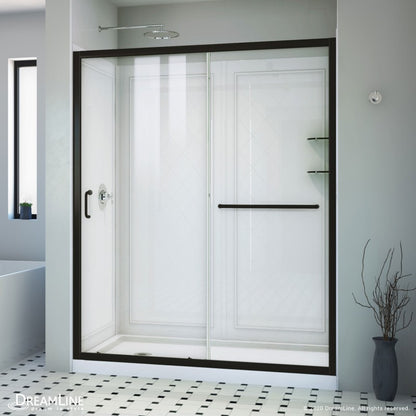 Infinity-Z Semi-Frameless Single Sliding Shower Door Kit with Diamond Style Wall and White Shower Base Pan and Left Drain