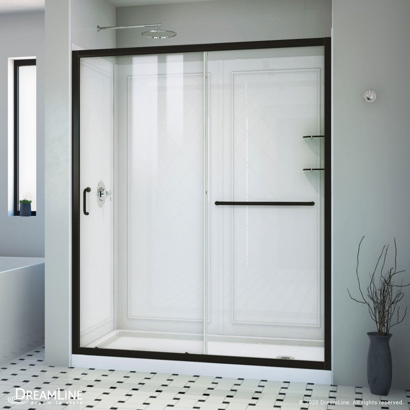 Infinity-Z Semi-Frameless Single Sliding Shower Door Kit with Diamond Style Wall and White Shower Base Pan and Right Drain