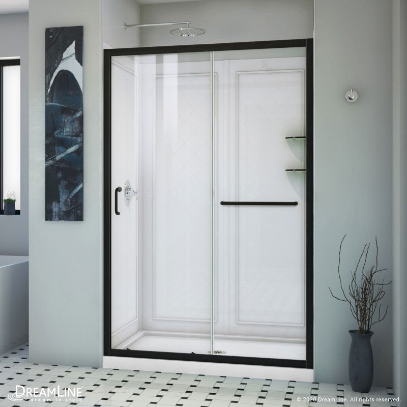 Infinity-Z Semi-Frameless Single Sliding Shower Door Kit with Diamond Style Wall and White Shower Base Pan and Center Drain