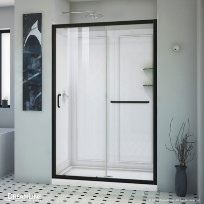 Infinity-Z Semi-Frameless Single Sliding Shower Door Kit with Diamond Style Wall and White Shower Base Pan and Center Drain