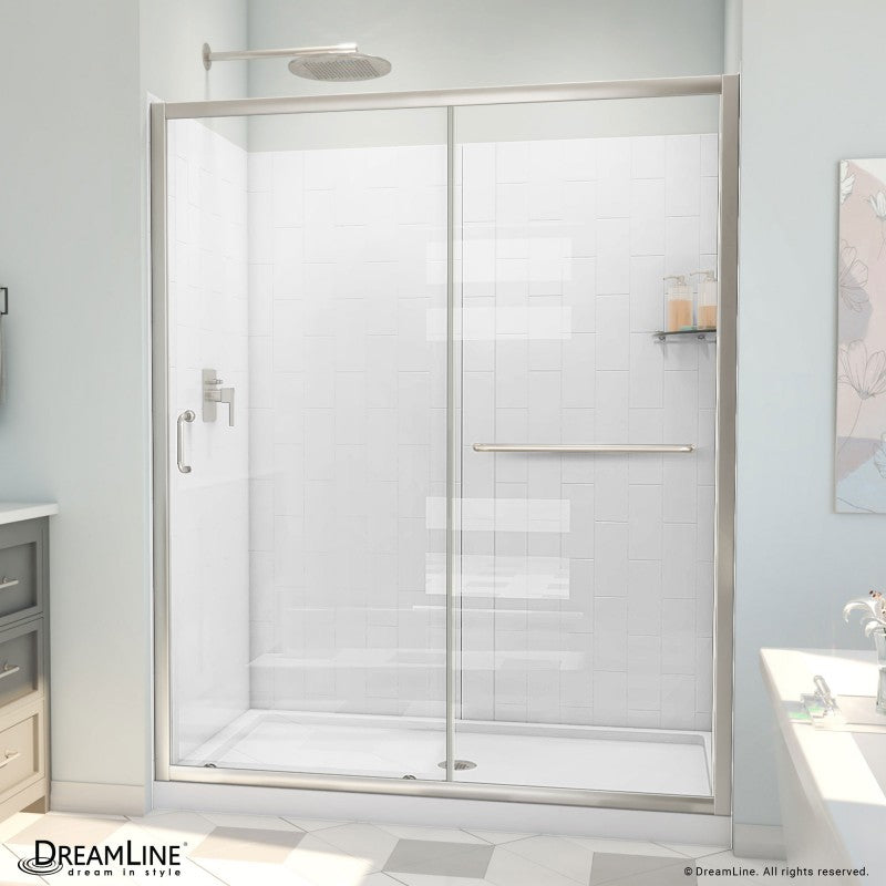 Infinity-Z Semi-Frameless Single Sliding Shower Door Kit with Subway Style Wall and White Shower Base Pan and Center Drain