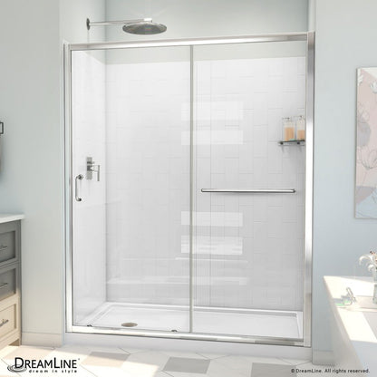 Infinity-Z Semi-Frameless Single Sliding Shower Door Kit with Subway Style Wall and White Shower Base Pan and Left Drain