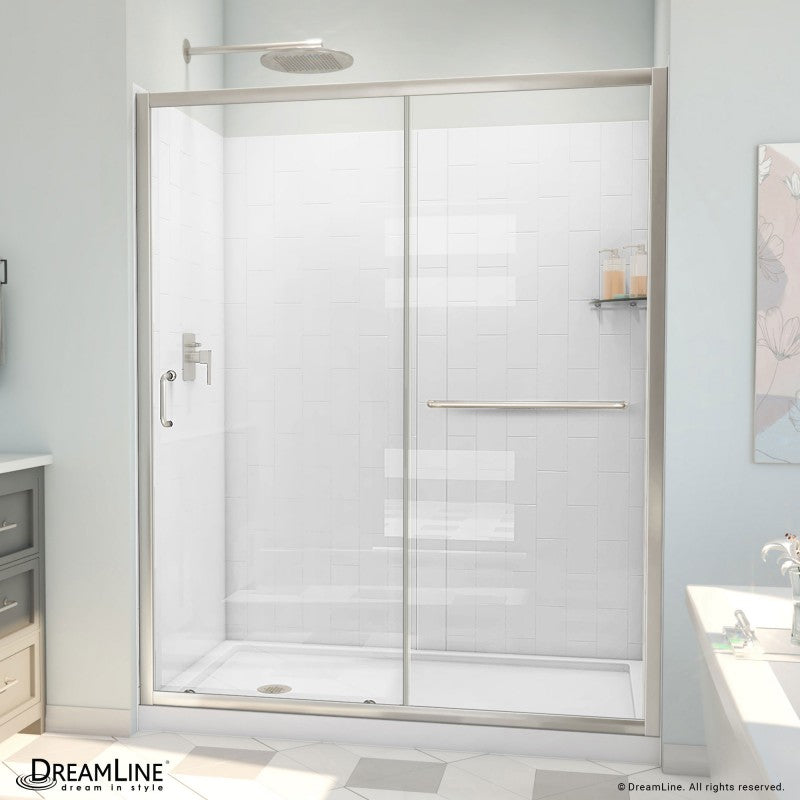 Infinity-Z Semi-Frameless Single Sliding Shower Door Kit with Subway Style Wall and White Shower Base Pan and Left Drain