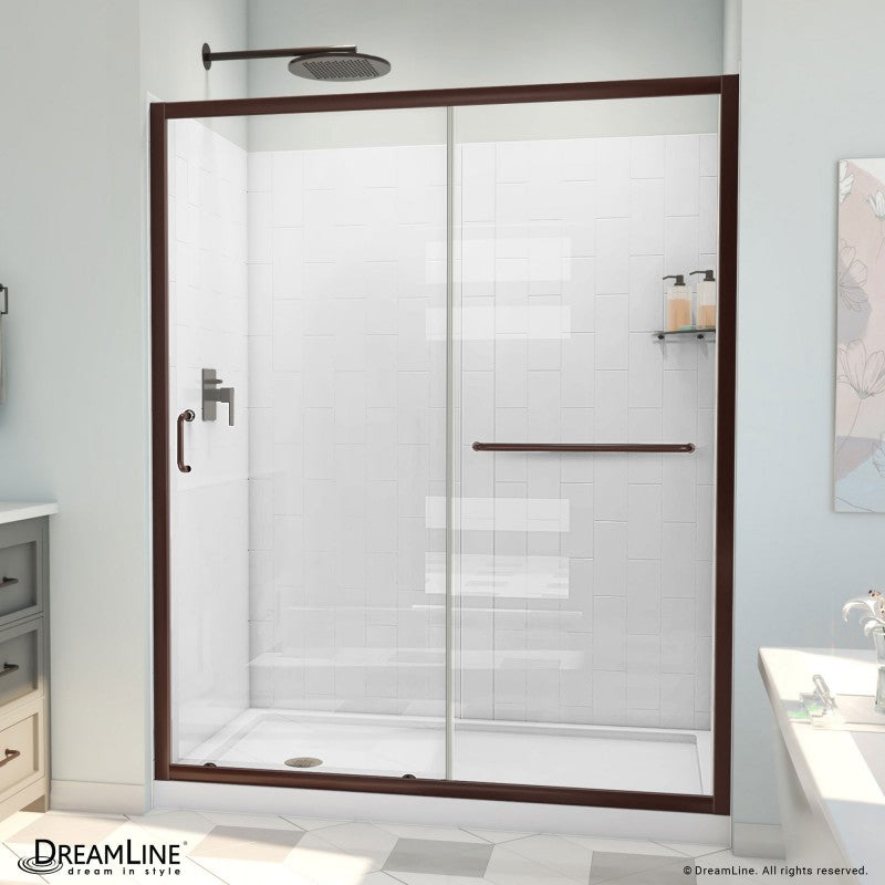 Infinity-Z Semi-Frameless Single Sliding Shower Door Kit with Subway Style Wall and White Shower Base Pan and Left Drain