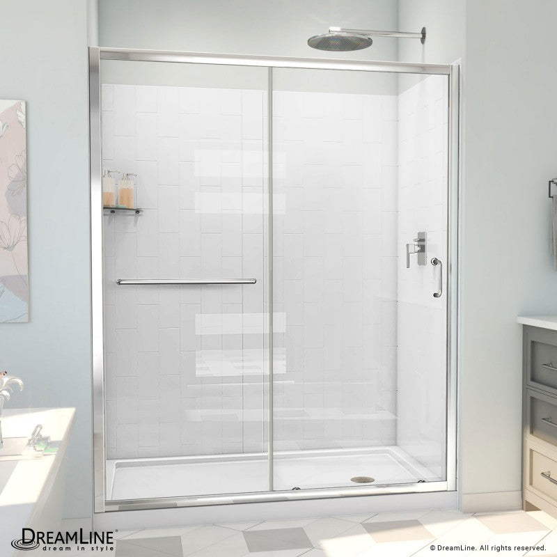 Infinity-Z Semi-Frameless Single Sliding Shower Door Kit with Subway Style Wall and White Shower Base Pan and Right Drain