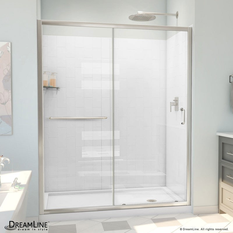 Infinity-Z Semi-Frameless Single Sliding Shower Door Kit with Subway Style Wall and White Shower Base Pan and Right Drain