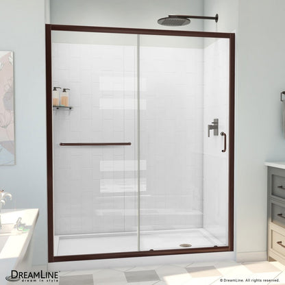 Infinity-Z Semi-Frameless Single Sliding Shower Door Kit with Subway Style Wall and White Shower Base Pan and Right Drain