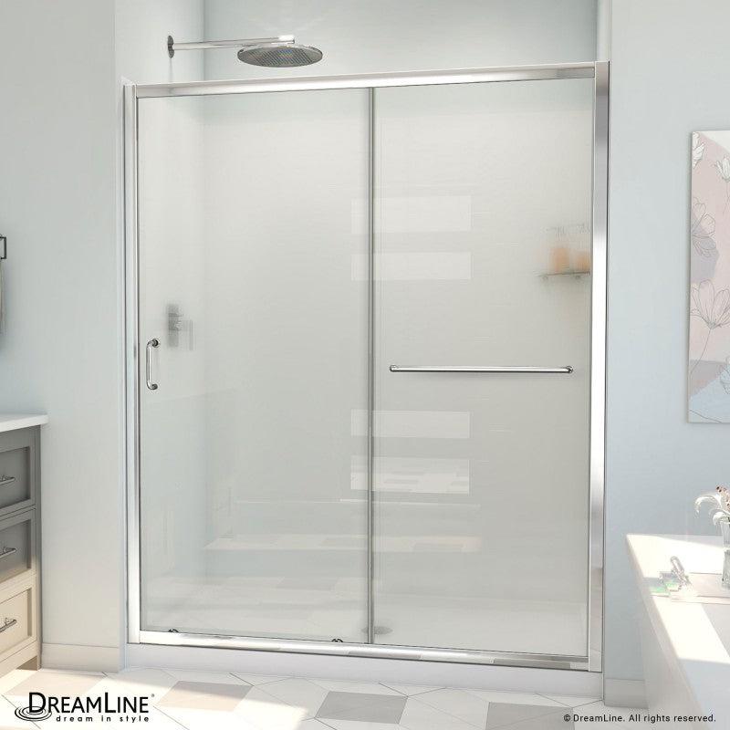 Infinity-Z Semi-Frameless Single Sliding Shower Door Kit with Subway Style Wall and White Shower Base Pan and Center Drain
