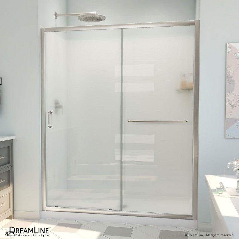 Infinity-Z Semi-Frameless Single Sliding Shower Door Kit with Subway Style Wall and White Shower Base Pan and Center Drain