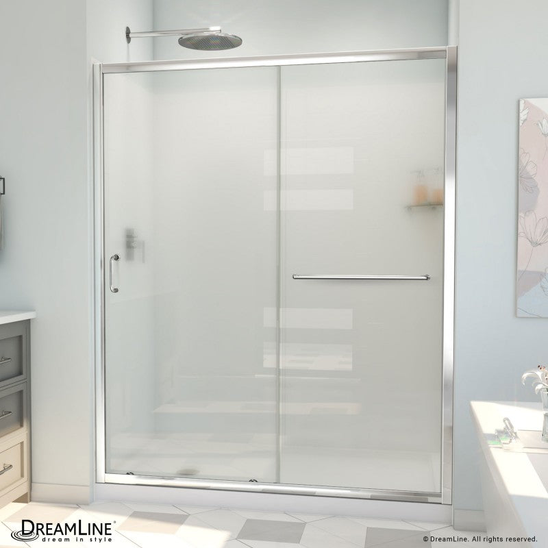 Infinity-Z Semi-Frameless Single Sliding Shower Door Kit with Subway Style Wall and White Shower Base Pan and Left Drain