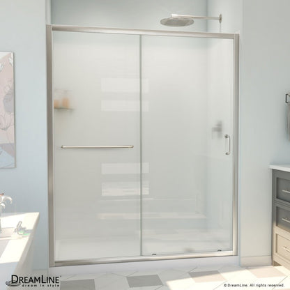 Infinity-Z Semi-Frameless Single Sliding Shower Door Kit with Subway Style Wall and White Shower Base Pan and Right Drain