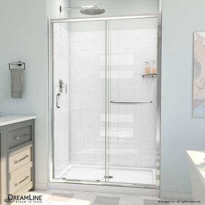 Infinity-Z Semi-Frameless Single Sliding Shower Door Kit with Subway Style Wall and White Shower Base Pan and Center Drain