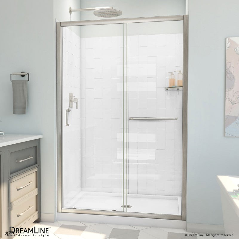 Infinity-Z Semi-Frameless Single Sliding Shower Door Kit with Subway Style Wall and White Shower Base Pan and Center Drain