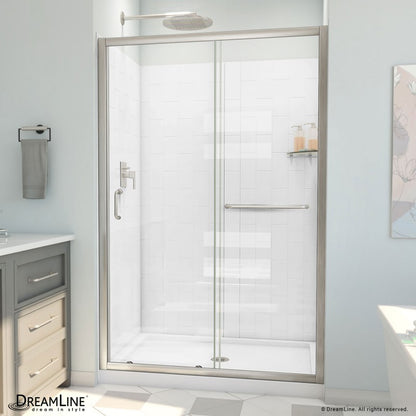 Infinity-Z Semi-Frameless Single Sliding Shower Door Kit with Subway Style Wall and White Shower Base Pan and Center Drain