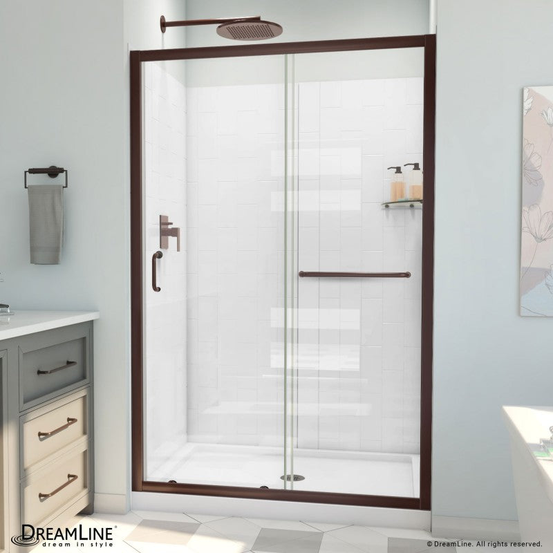 Infinity-Z Semi-Frameless Single Sliding Shower Door Kit with Subway Style Wall and White Shower Base Pan and Center Drain
