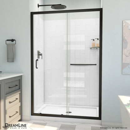Infinity-Z Semi-Frameless Single Sliding Shower Door Kit with Subway Style Wall and White Shower Base Pan and Center Drain