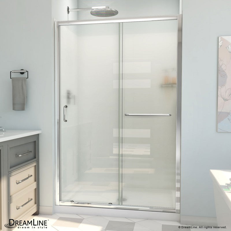 Infinity-Z Semi-Frameless Single Sliding Shower Door Kit with Subway Style Wall and White Shower Base Pan and Center Drain