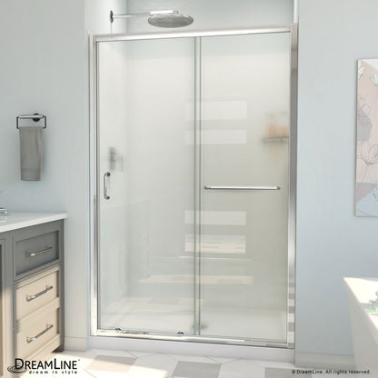 Infinity-Z Semi-Frameless Single Sliding Shower Door Kit with Subway Style Wall and White Shower Base Pan and Center Drain