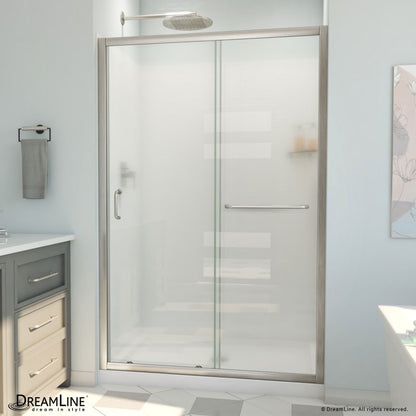 Infinity-Z Semi-Frameless Single Sliding Shower Door Kit with Subway Style Wall and White Shower Base Pan and Center Drain