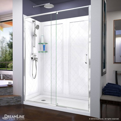 Flex Semi-Frameless Pivot Shower Door Kit with Diamond Style Wall and White Shower Base Pan and Left Drain