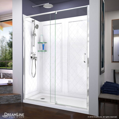 Flex Semi-Frameless Pivot Shower Door Kit with Diamond Style Wall and White Shower Base Pan and Left Drain
