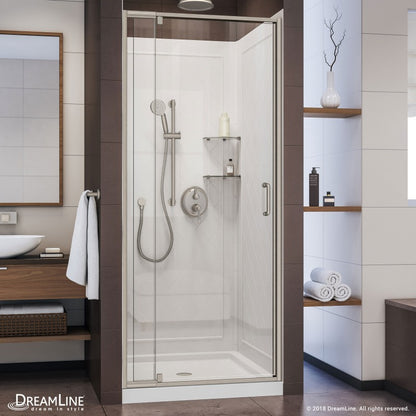 Flex Semi-Frameless Pivot Shower Door Kit with Diamond Style Wall and White Shower Base Pan and Center Drain