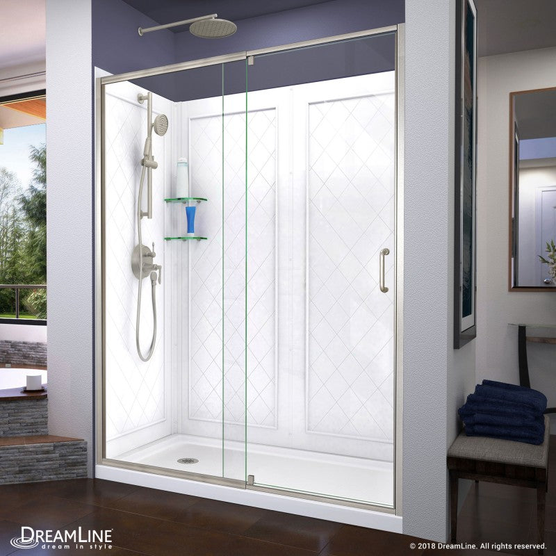 Flex Semi-Frameless Pivot Shower Door Kit with Diamond Style Wall and White Shower Base Pan and Left Drain