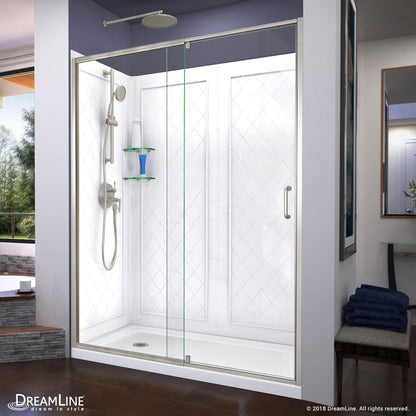 Flex Semi-Frameless Pivot Shower Door Kit with Diamond Style Wall and White Shower Base Pan and Left Drain