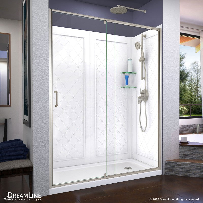 Flex Semi-Frameless Pivot Shower Door Kit with Diamond Style Wall and White Shower Base Pan and Right Drain