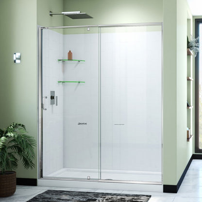 Flex Semi-Frameless Pivot Shower Door Kit with Subway Style Wall and White Shower Base Pan and Center Drain