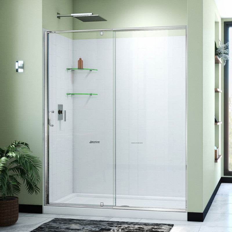 Flex Semi-Frameless Pivot Shower Door Kit with Subway Style Wall and White Shower Base Pan and Center Drain