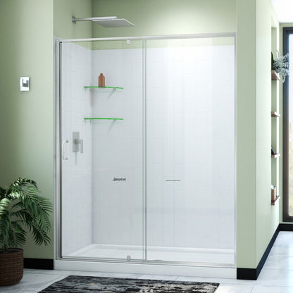 Flex Semi-Frameless Pivot Shower Door Kit with Subway Style Wall and White Shower Base Pan and Center Drain