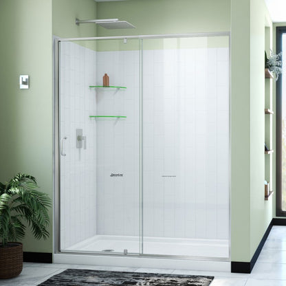 Flex Semi-Frameless Pivot Shower Door Kit with Subway Style Wall and White Shower Base Pan and Left Drain