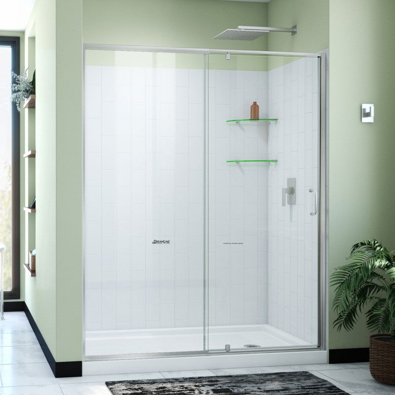 Flex Semi-Frameless Pivot Shower Door Kit with Subway Style Wall and White Shower Base Pan and Right Drain