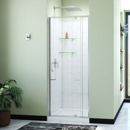 Flex Semi-Frameless Pivot Shower Door Kit with Subway Style Wall and White Shower Base Pan and Center Drain