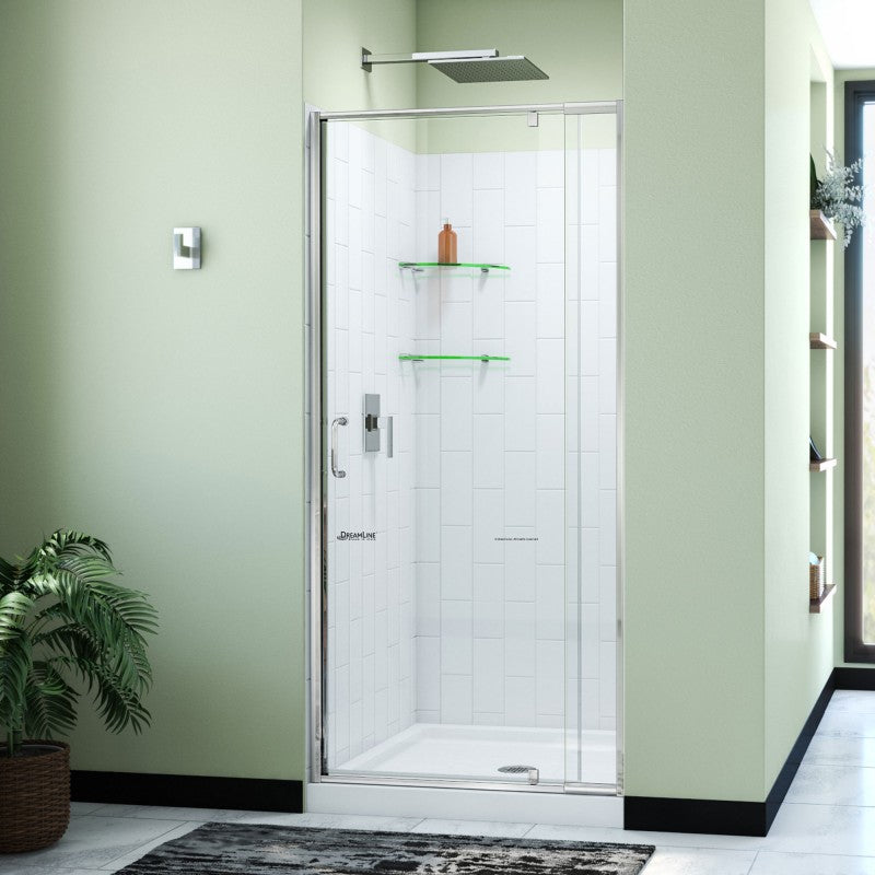 Flex Semi-Frameless Pivot Shower Door Kit with Subway Style Wall and White Shower Base Pan and Center Drain